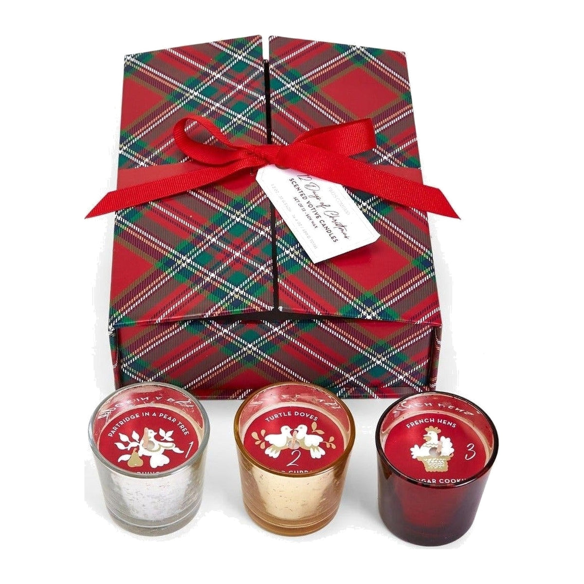 Holiday scented candles in plaid gift box