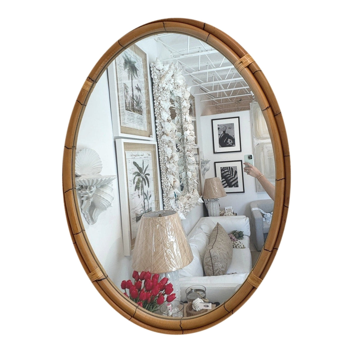 Large oval rattan wall mirror with a natural double bamboo-rattan frame and wrapped bindings