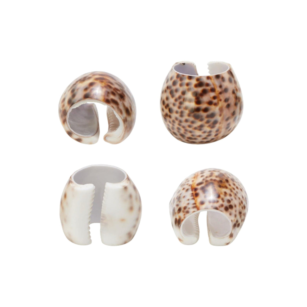 Tiger cowrie shell napkin rings, set of 4, shown on a white background