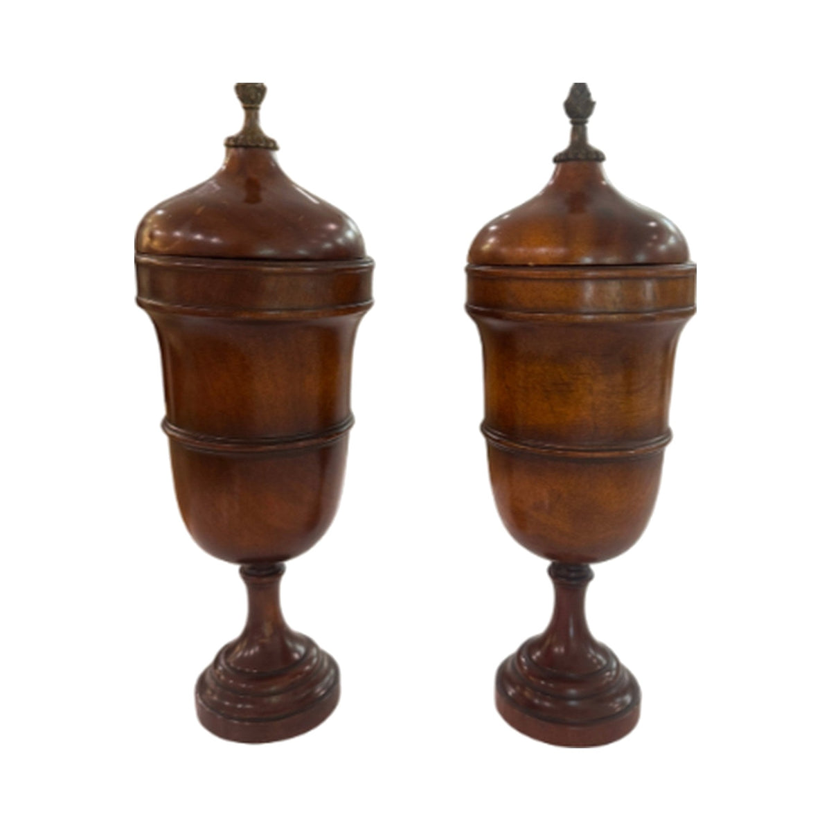 Vintage Mahogany Urns, A Pair on a white background