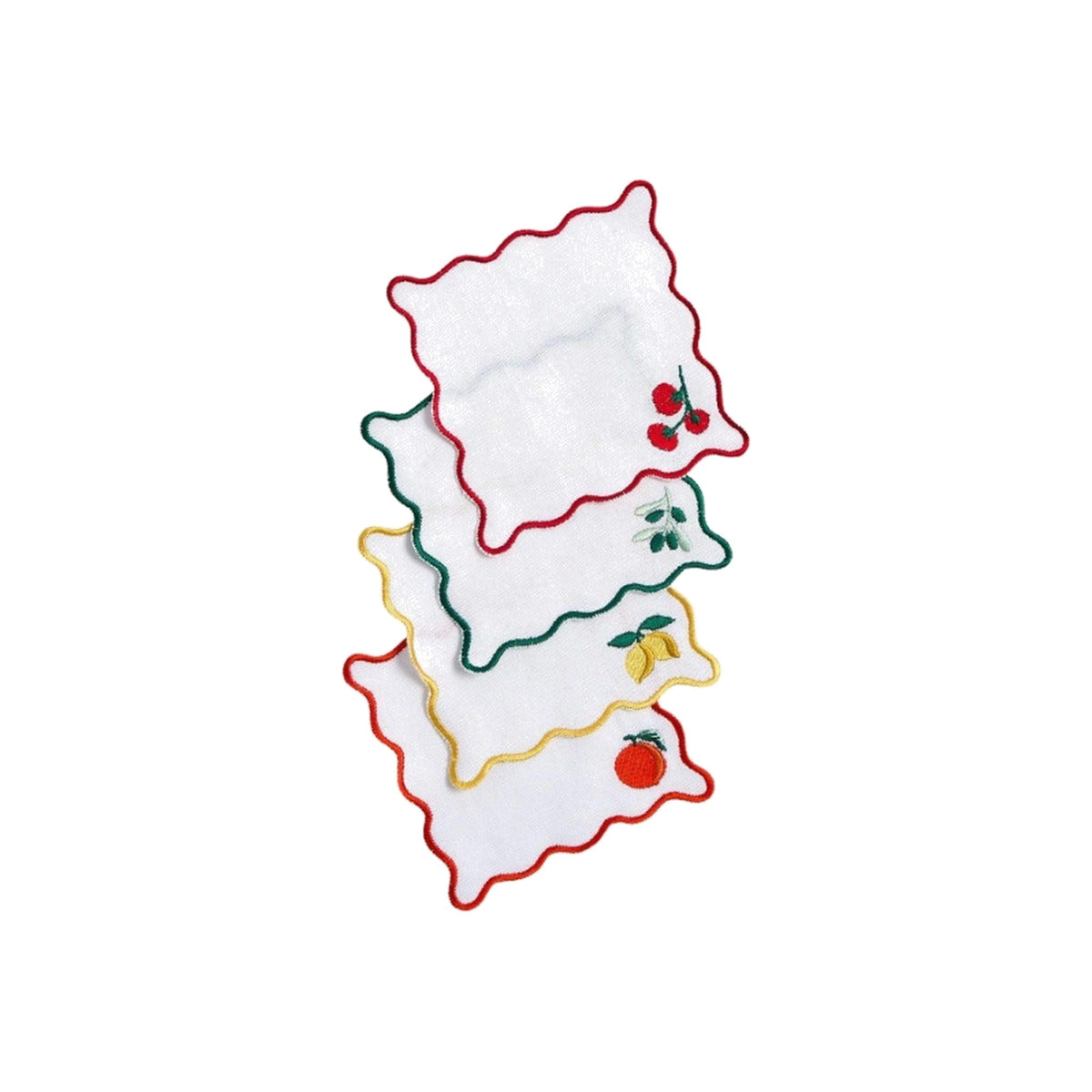 Set of 4, Fruit Cocktail Embroidered Cocktail Napkins with Scallop Edge, shown on a white background