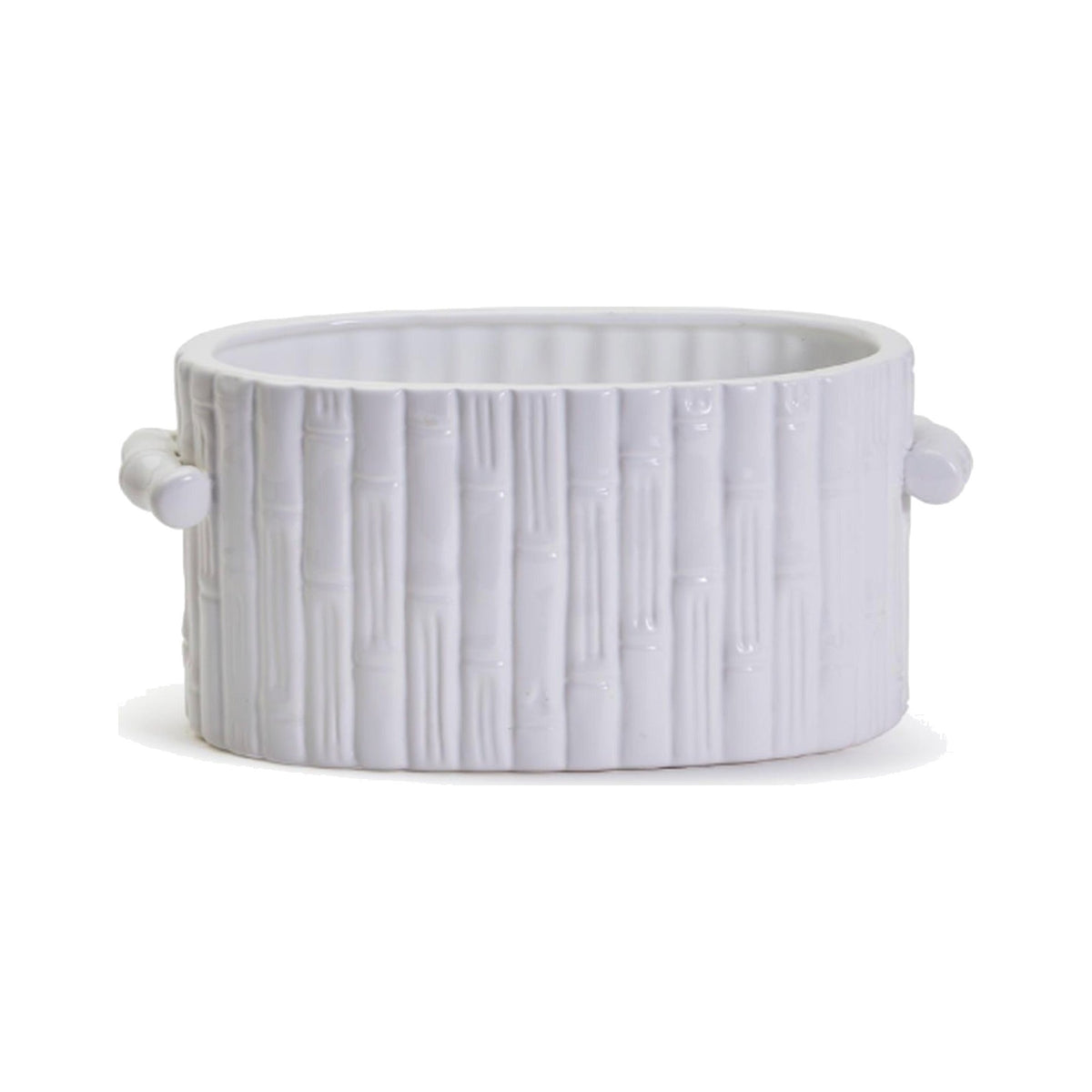 Faux Bamboo Ceramic Oval Centerpiece / Cachepot with Handles, shown on a white background