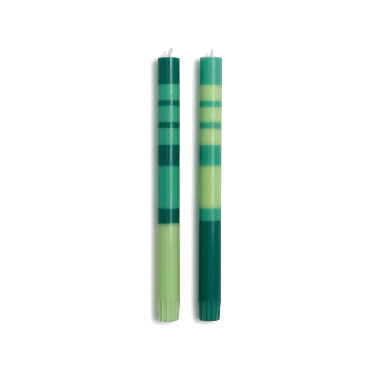 Green Stripe and Glow Set of 2 10in  Taper Candles, shown on a white background