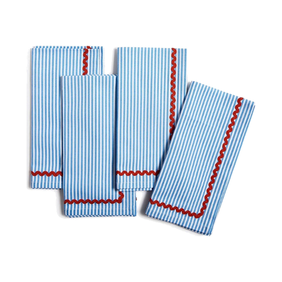Set of 4, Blue Stripe with Red Ric Rac Trim Cloth Dinner Napkins, shown on a white background