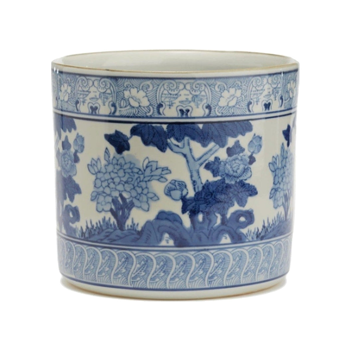 Blue & White Garden Scene Planter on a white background