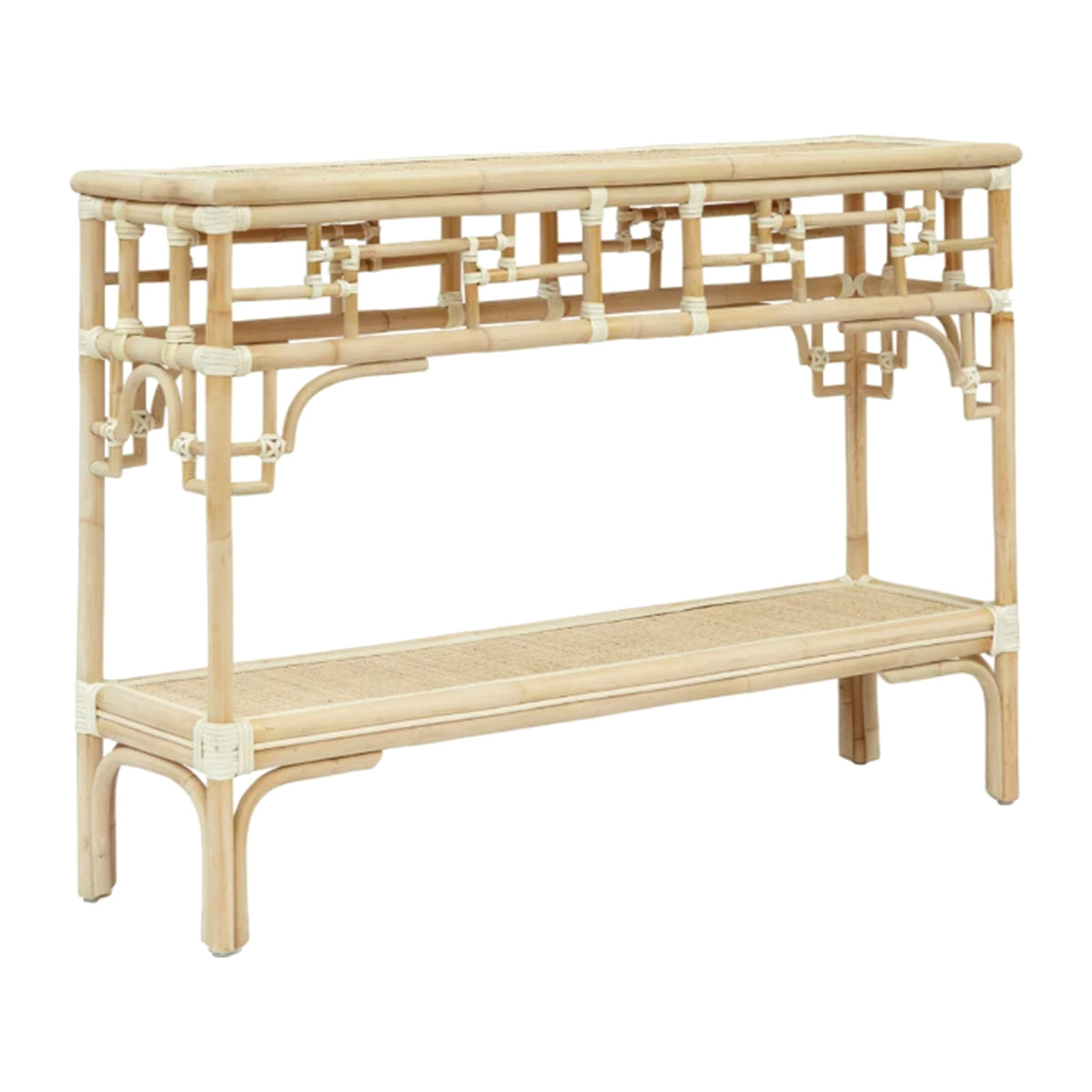 Pagoda Console, Small Natural  Rattan Frame with Leather Wraps on a white background