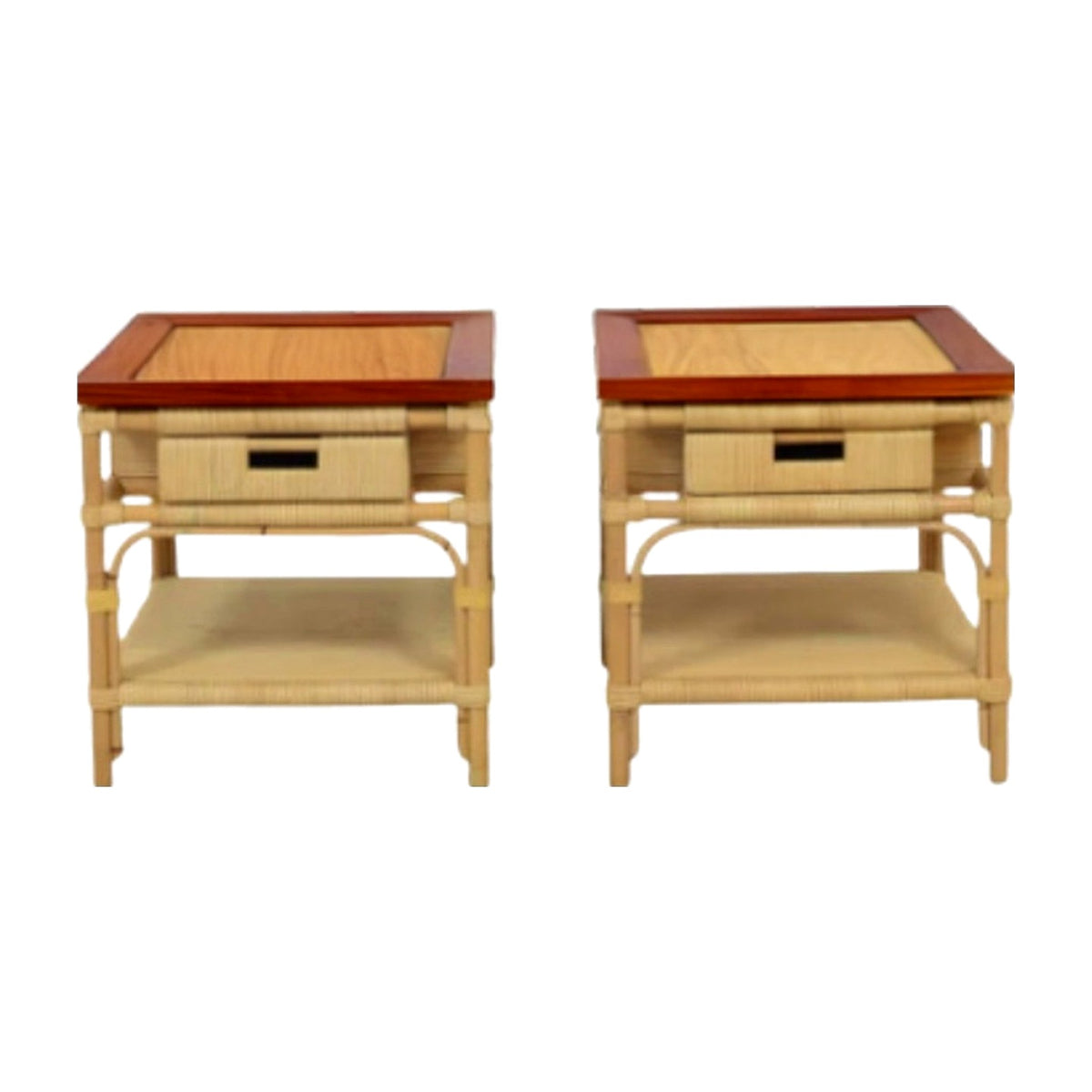 A Pair, Vintage Donghia Bamboo Reed and Teak Side Tables on a white background