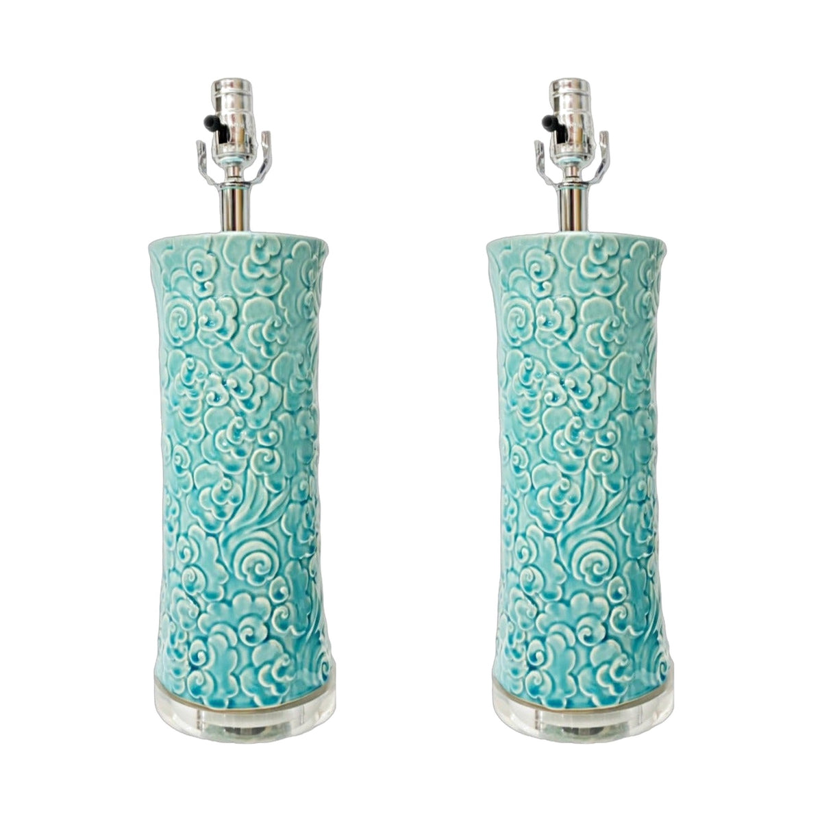 A Pair, Turquoise Glazed Ceramic Lamps on white