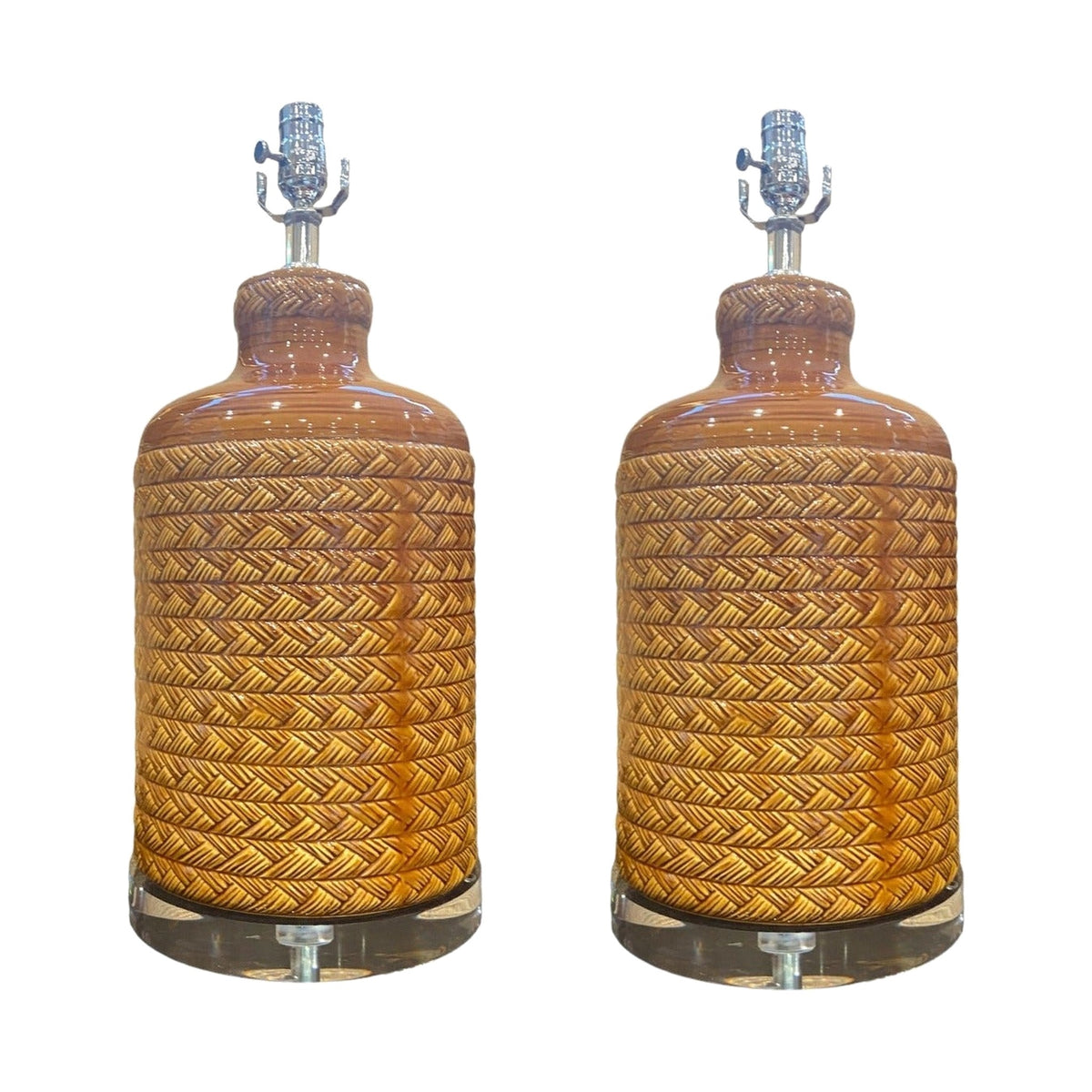 A Pair, Vintage Basket Weave Ceramic Lamps on white