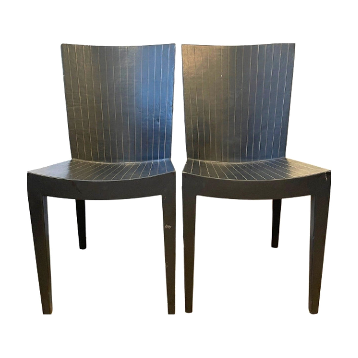 A Pair, Vintage Milo Baughman Navy Blouse Leather with Brass Stripe Side Chairs on a white background