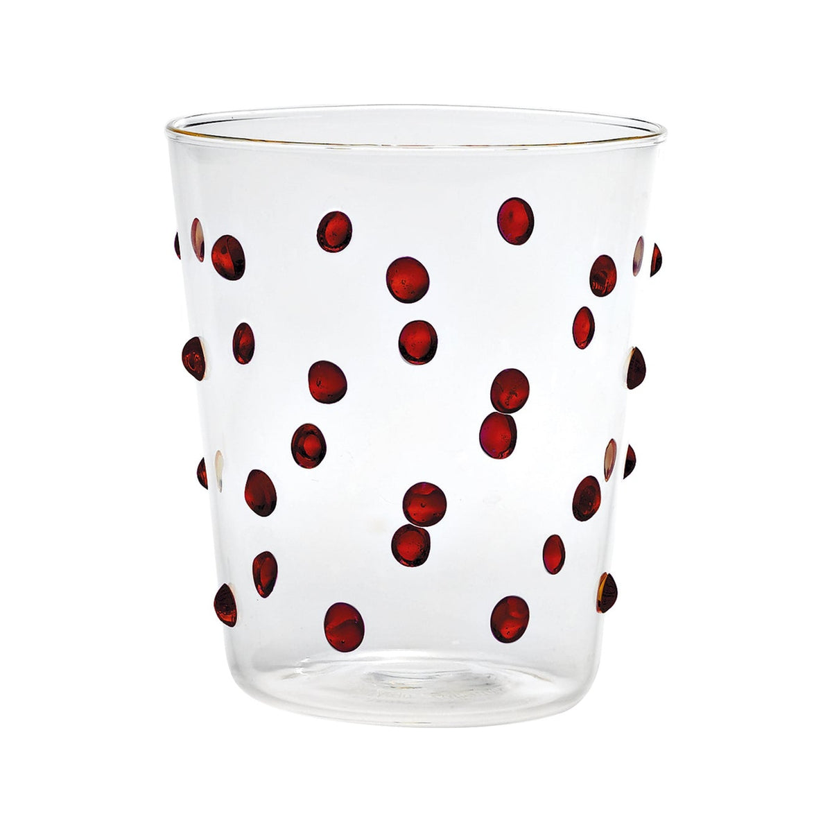 Clear glass party tumbler with raised red dots