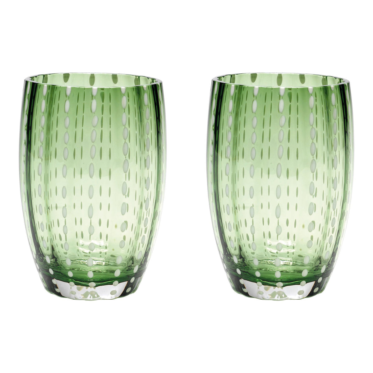 Two Perle tumblers in British green glass with white beaded stripes