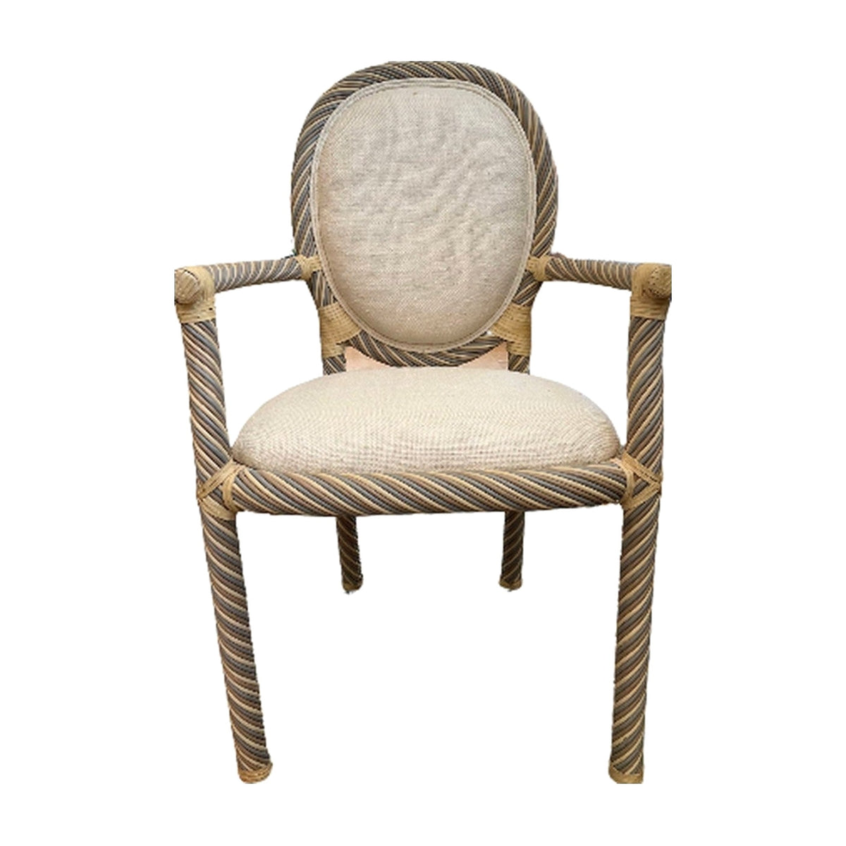 Rare Vintage Weiman Rattan and Leather Wrapped Armchair on a white background