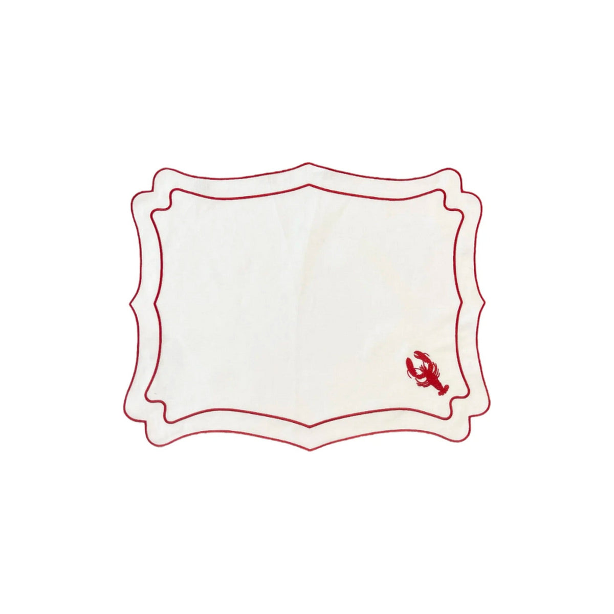 RED LOBSTER HAND EMBROIDERED ON WHITE LINEN PLACEMATS, SET OF 4, shown on a white background