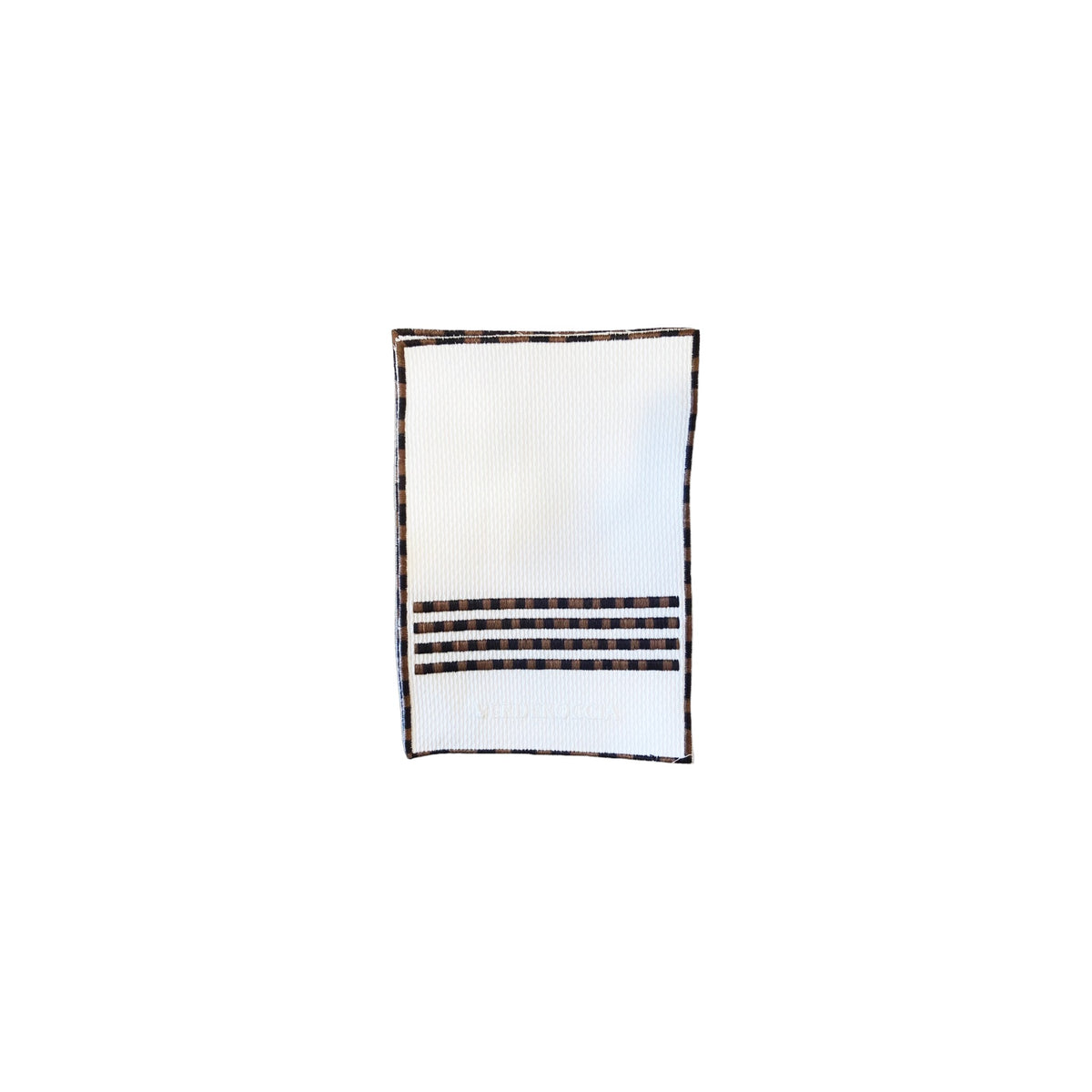 White Pique Cocktail Napkins with Brown/Camel/Begie Ombre Embroidered Trim Danielle Rollins Cocktail Napkins, Set of 4, shown on a white background