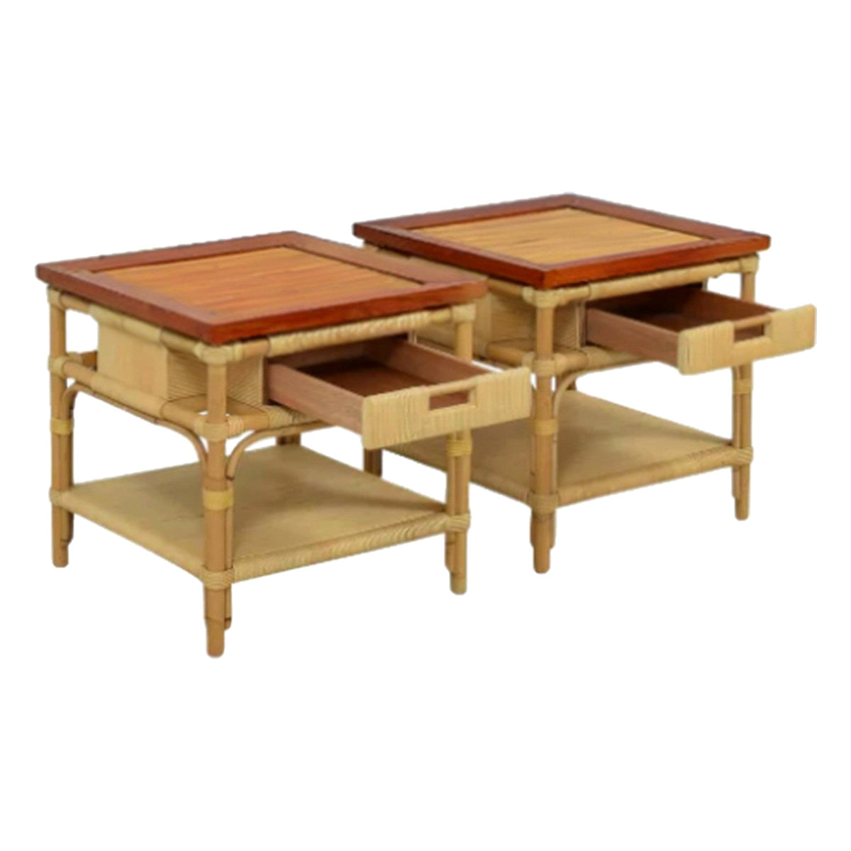 A Pair, Vintage Donghia Bamboo Reed and Teak Side Tables on a white background