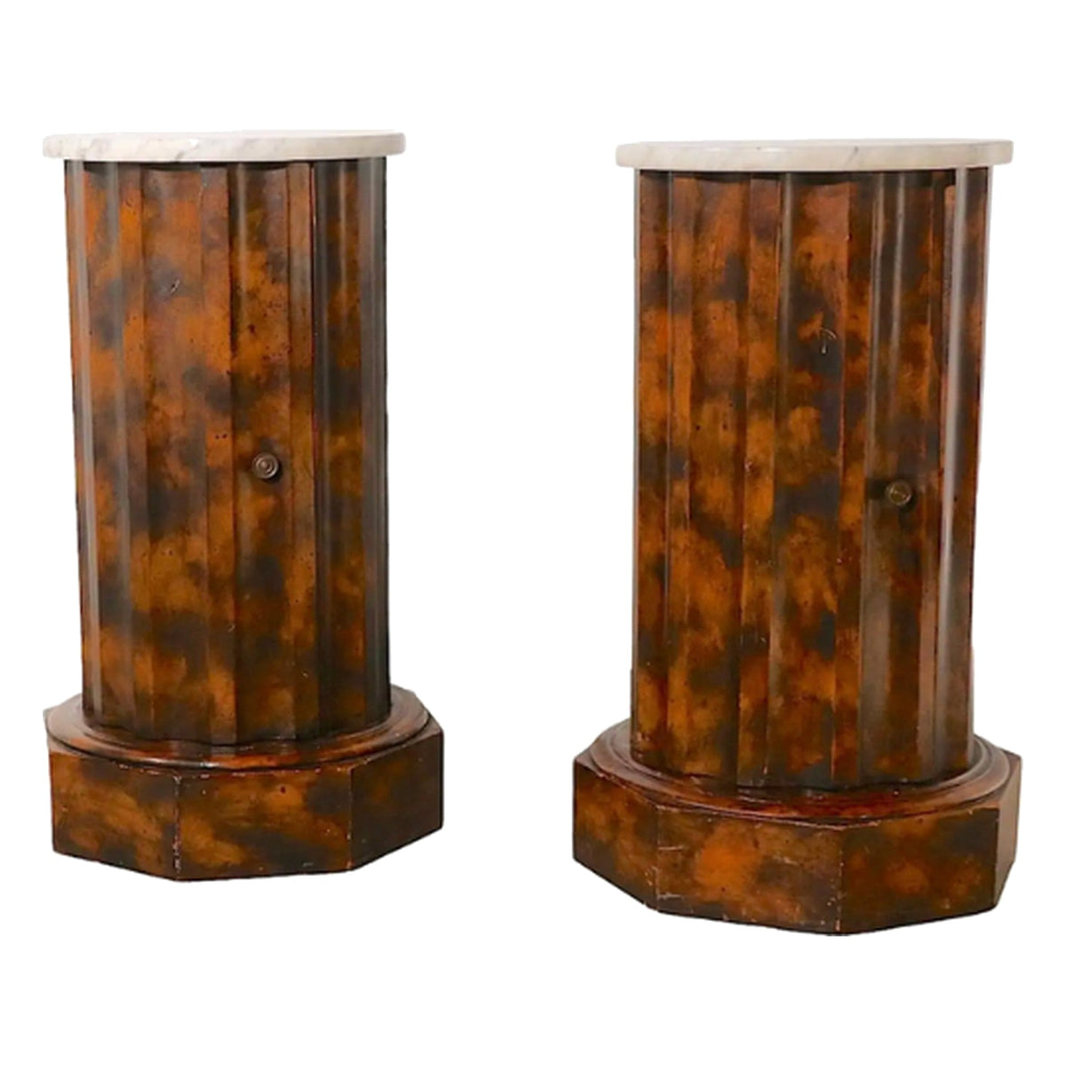 A Pair, Faux Tortoise Pedestals with Marble Top on a white background