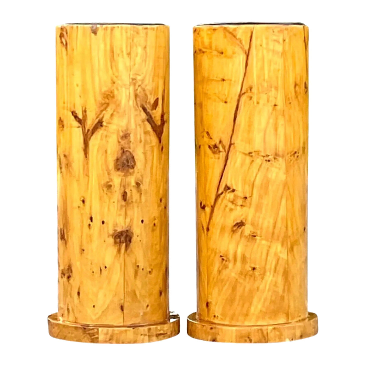 A Pair, Vintage Burl Wood Cylinder Pedestals on a white background