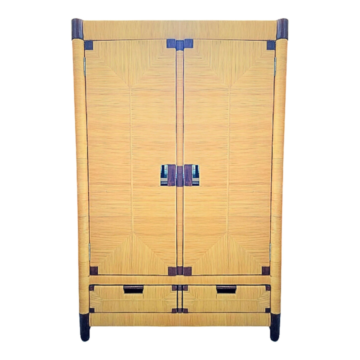 Vintage Donghia Rattan Barmoire on a white background