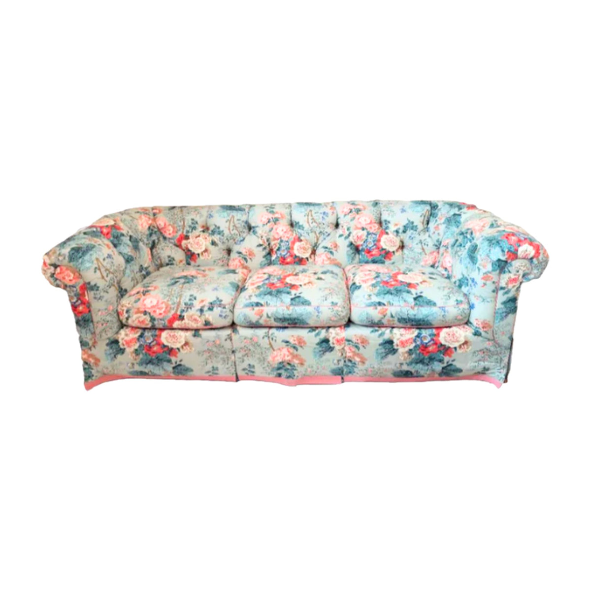Vintage Hollyhock Chintz Chesterfield Sofa, Newly Upholstered on a white background