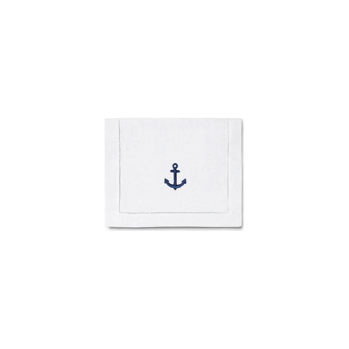Set of 4, White Cocktail Napkin With Blue Anchor Design, shown on a white background