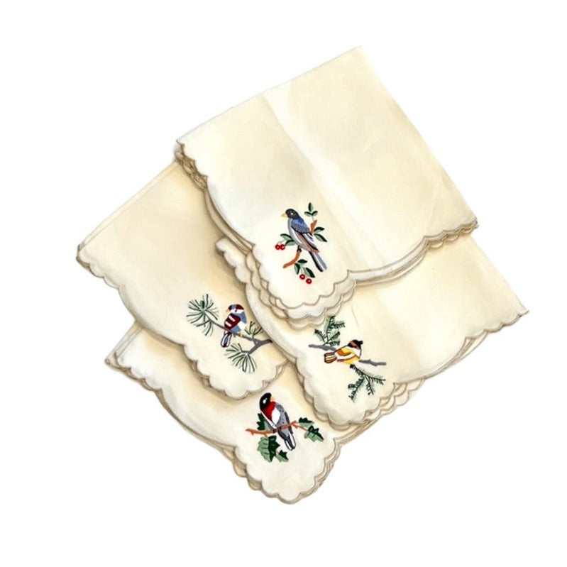 Vintage Madeira Hand  Embroidered Napkins with Series of Darling Birds and Scalloped Edges, Set of 12