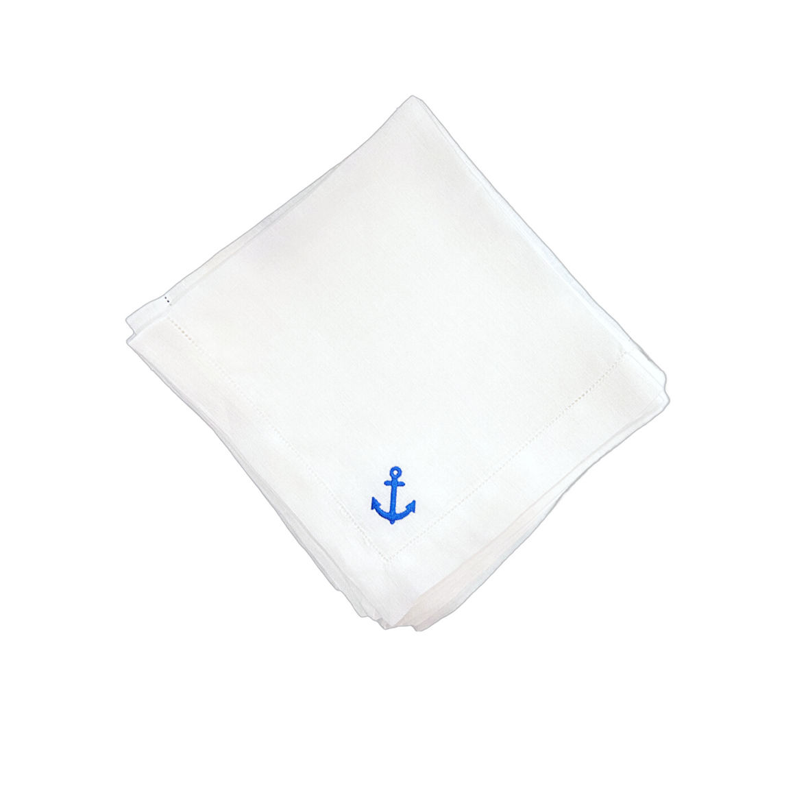 Set of 4 White Linen Napkins with Blue Embroidered Anchor Napkin