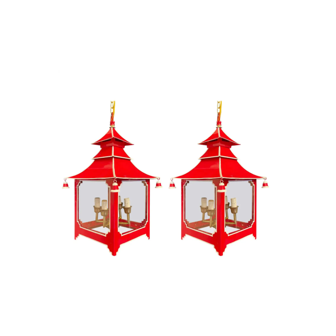 Pair of Chinoiserie Pagoda Red Enameled Gold Trim Glass Lantern Fixture