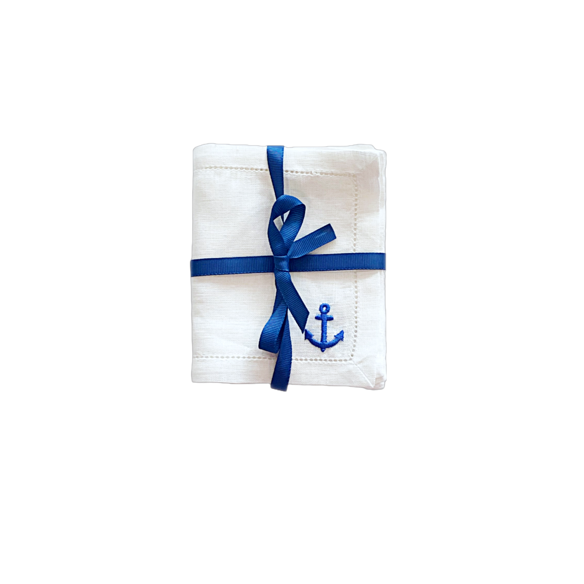 Set of 6, White Cocktail Napkin With Blue Anchor Design