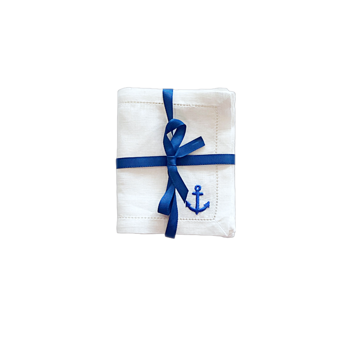 Set of 6 White Cocktail Napkin With Blue anchor Design