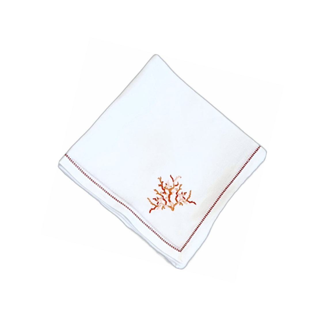 Hand Embroidered Coral Branch Coral Embroidered with Coral Hemstitch Trim Napkin, Set of 4