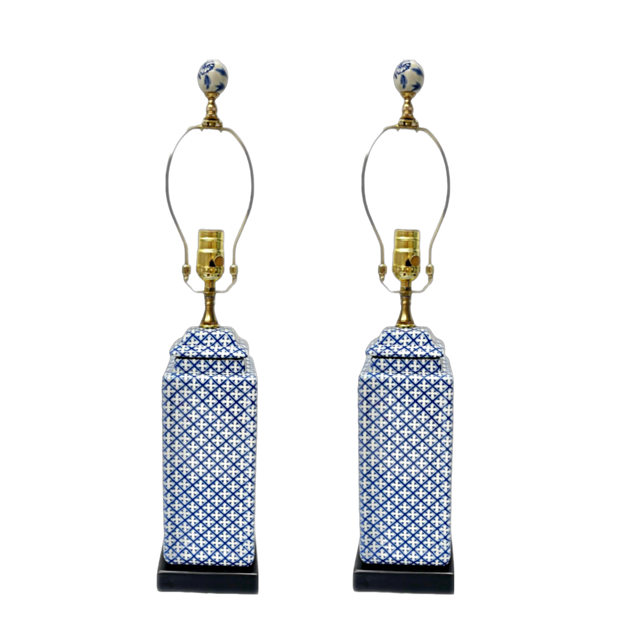 A Pair, Blue Lattice Square Porcelain Jar Lamps