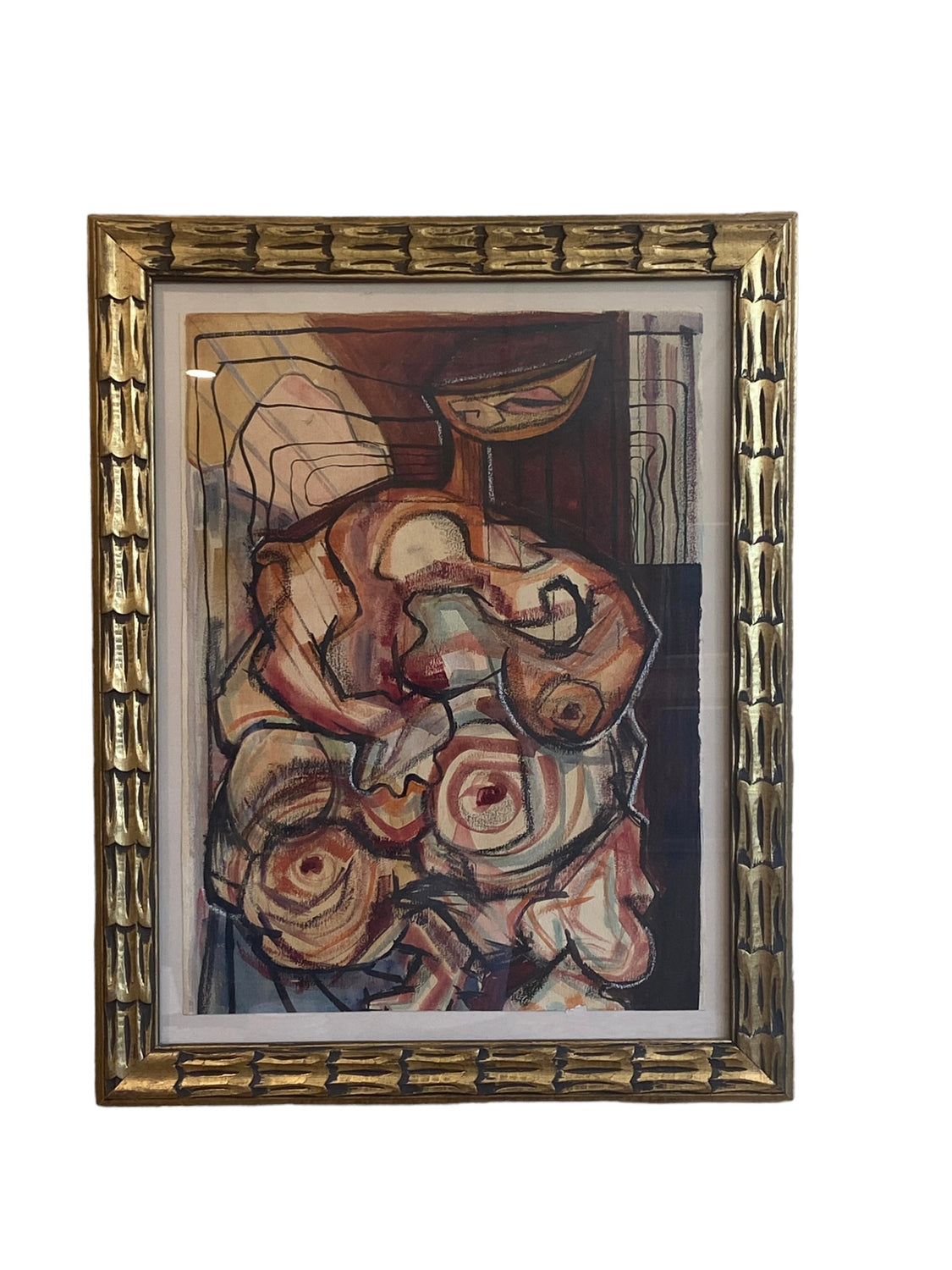 Vintage Mid Century Cubist Painting of A Nude Woman with a Golden Frame