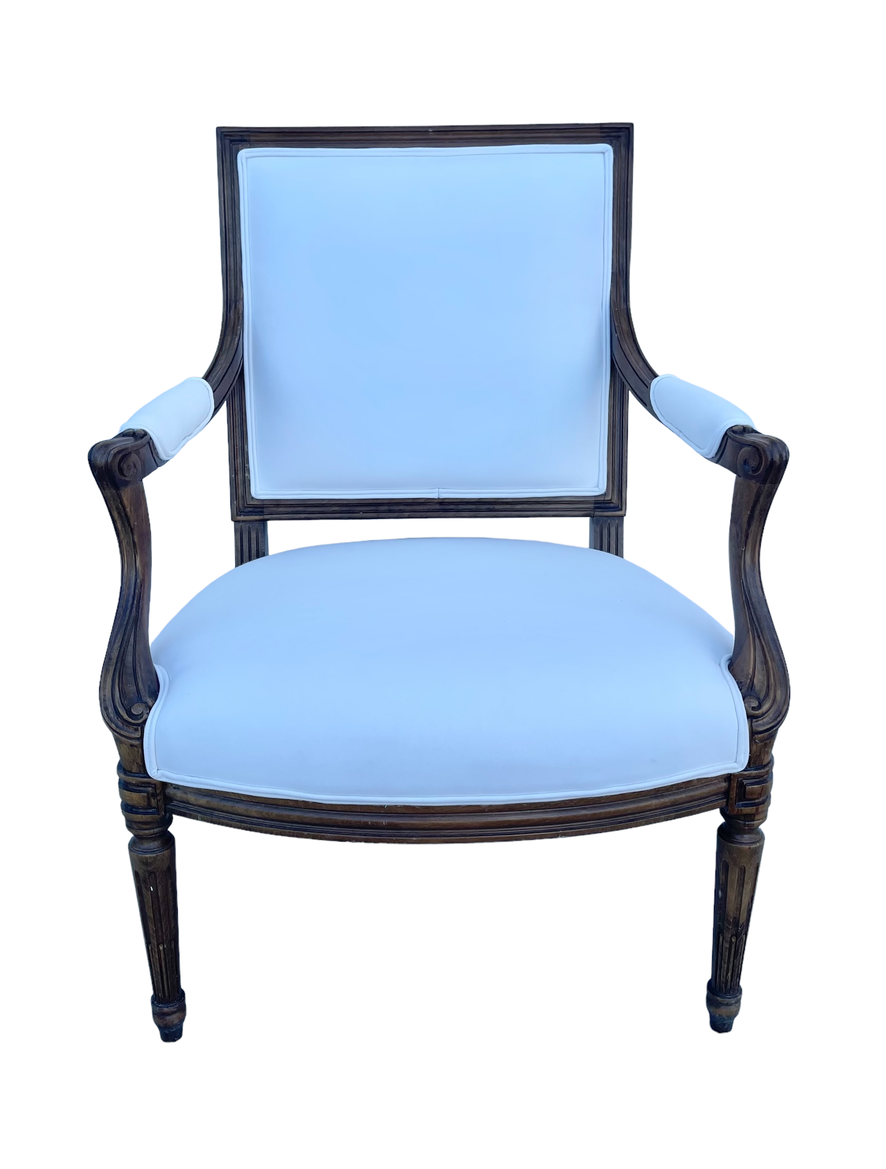 A Pair, Antique French Fauteuils Newly Upholstered in Perennials Nailhead "Salt" Fabric