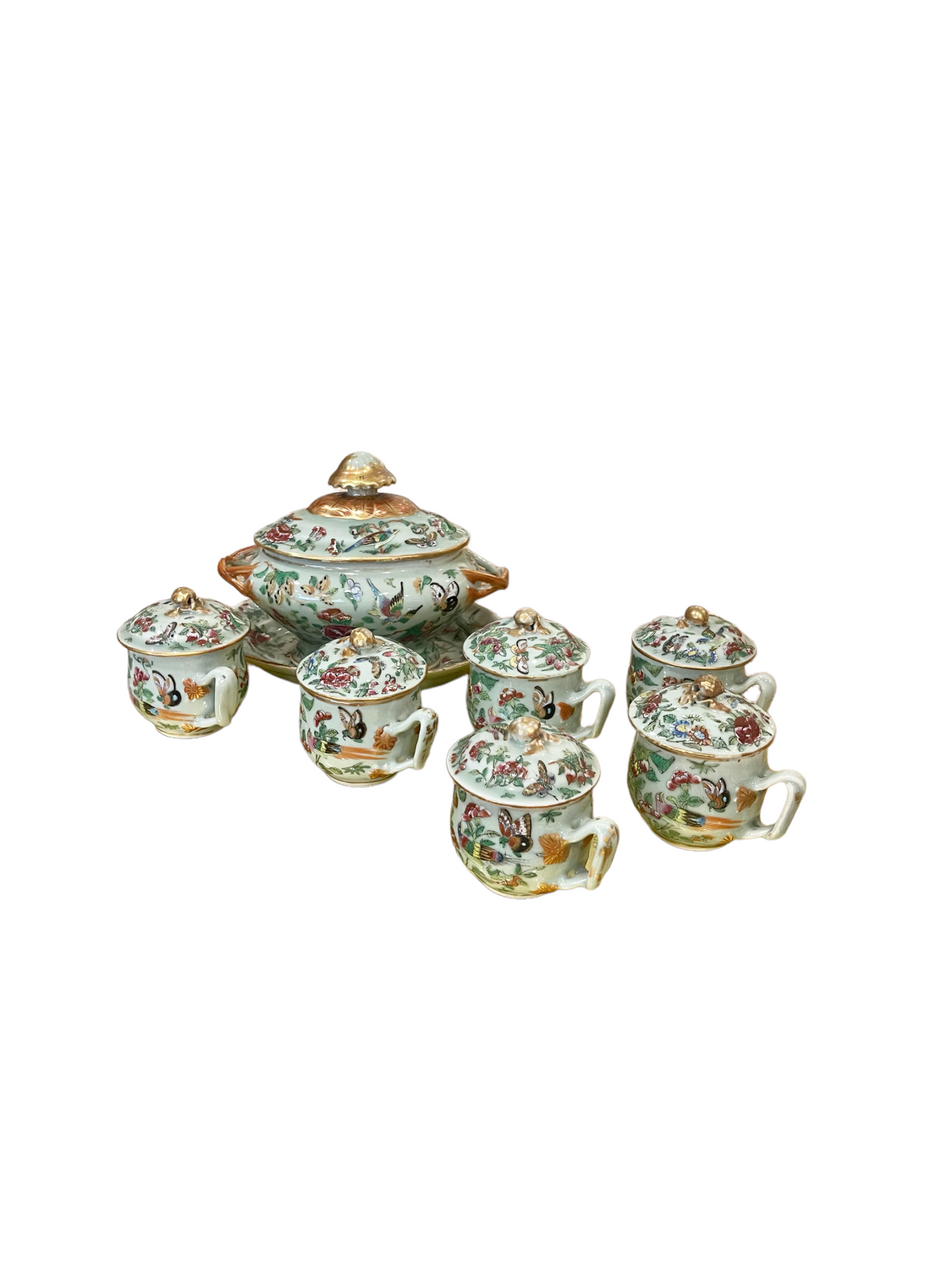 Vintage Chinese Import Celadon Green Rose "Pots de Creme" Set