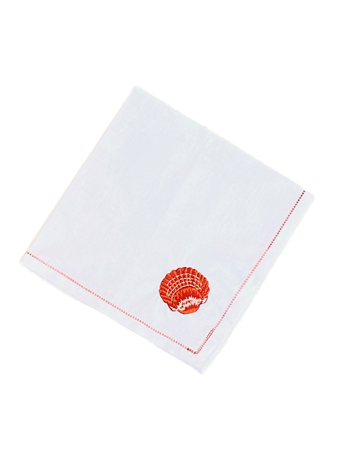 Hand Embroidered Coral Scallop Shell and Hemstitch Trim Dinner Napkins, Set of 4