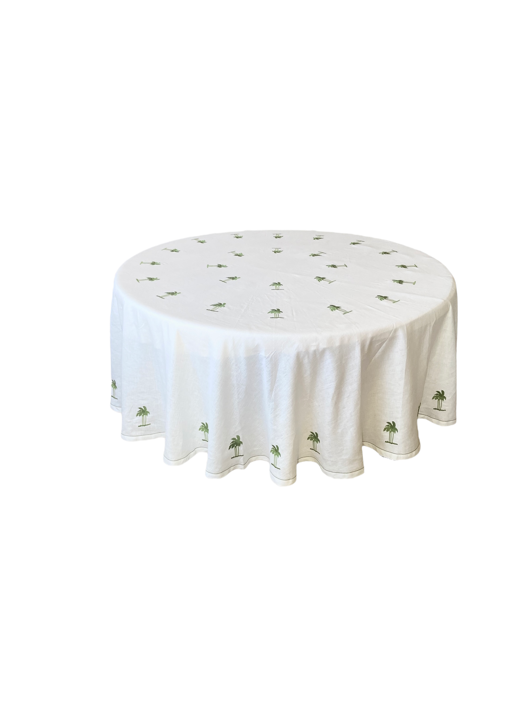 Hand Embroidered Linen Tablecloth with Kelly Green Palm Trees and Green Hemstitch Edge Detail