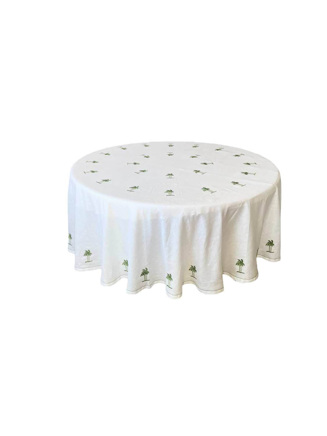 Hand Embroidered Linen Tablecloth with Kelly Green Palm Trees and Green Hemstitch Edge Detail