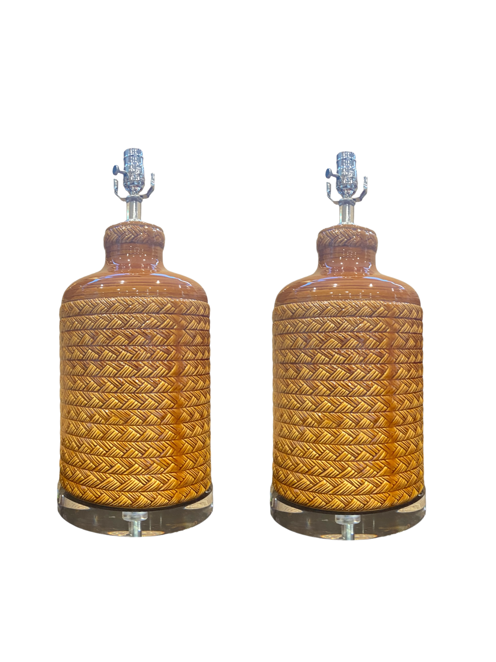 A Pair, Vintage Basket Weave Ceramic Lamps