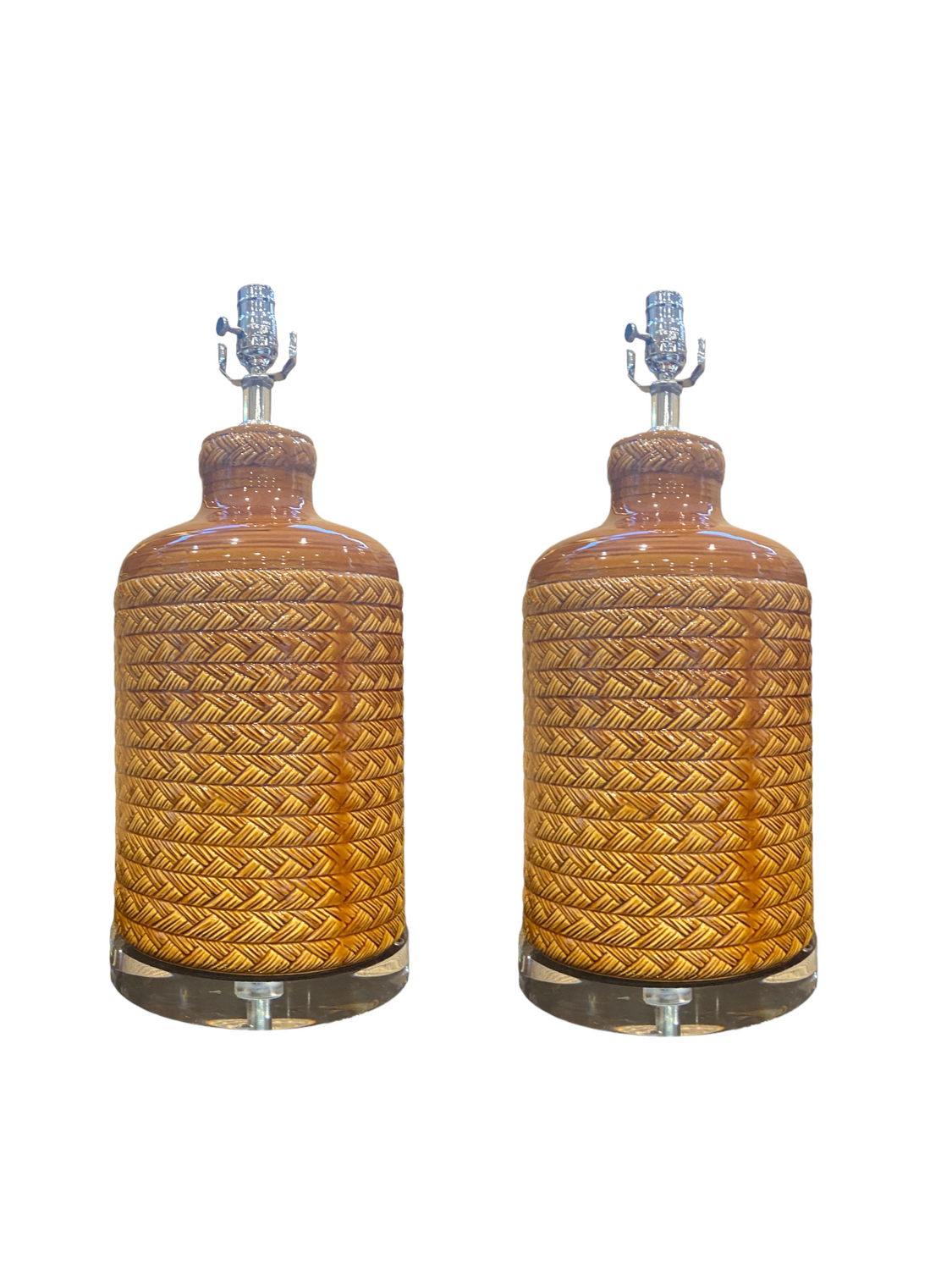 Pair of Vintage Basket Weave Ceramic Lamps