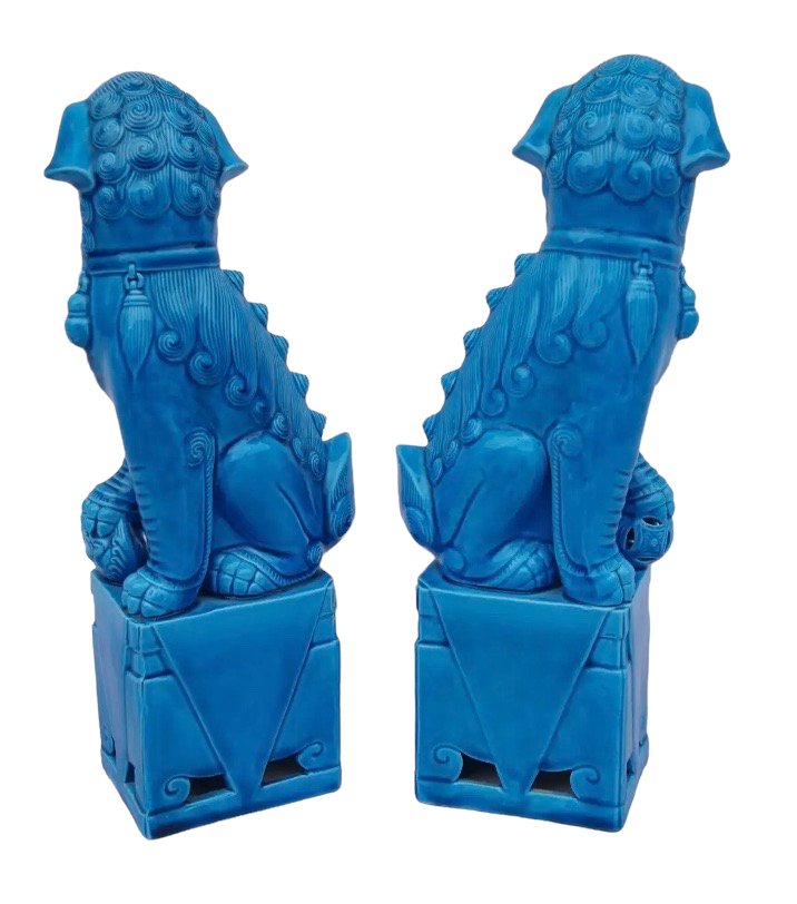 A Pair, Turquoise Porcelain Foo Dog Sculptures