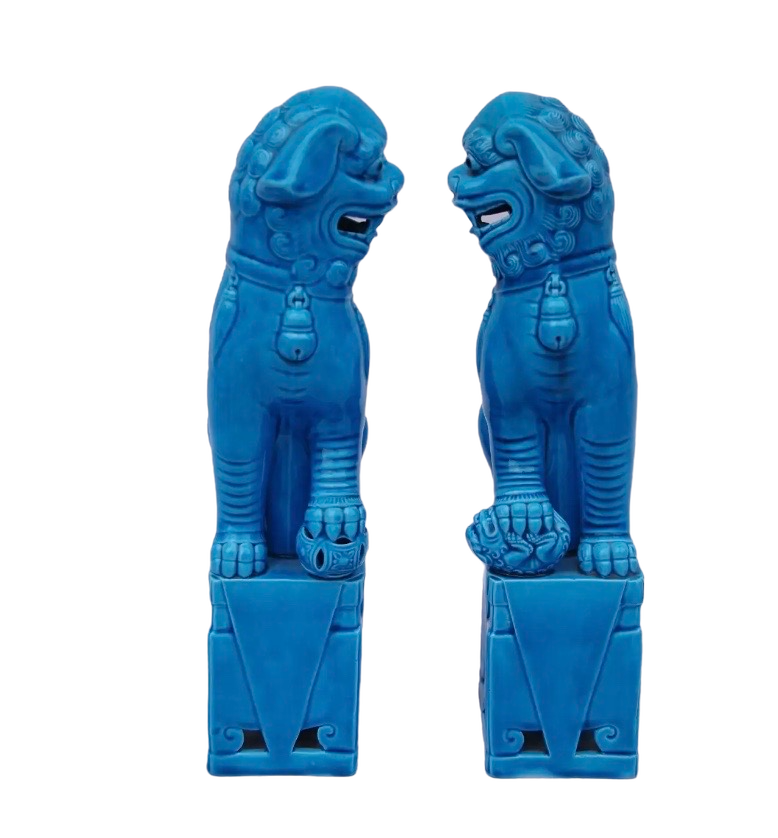 A Pair, Turquoise Porcelain Foo Dog Sculptures