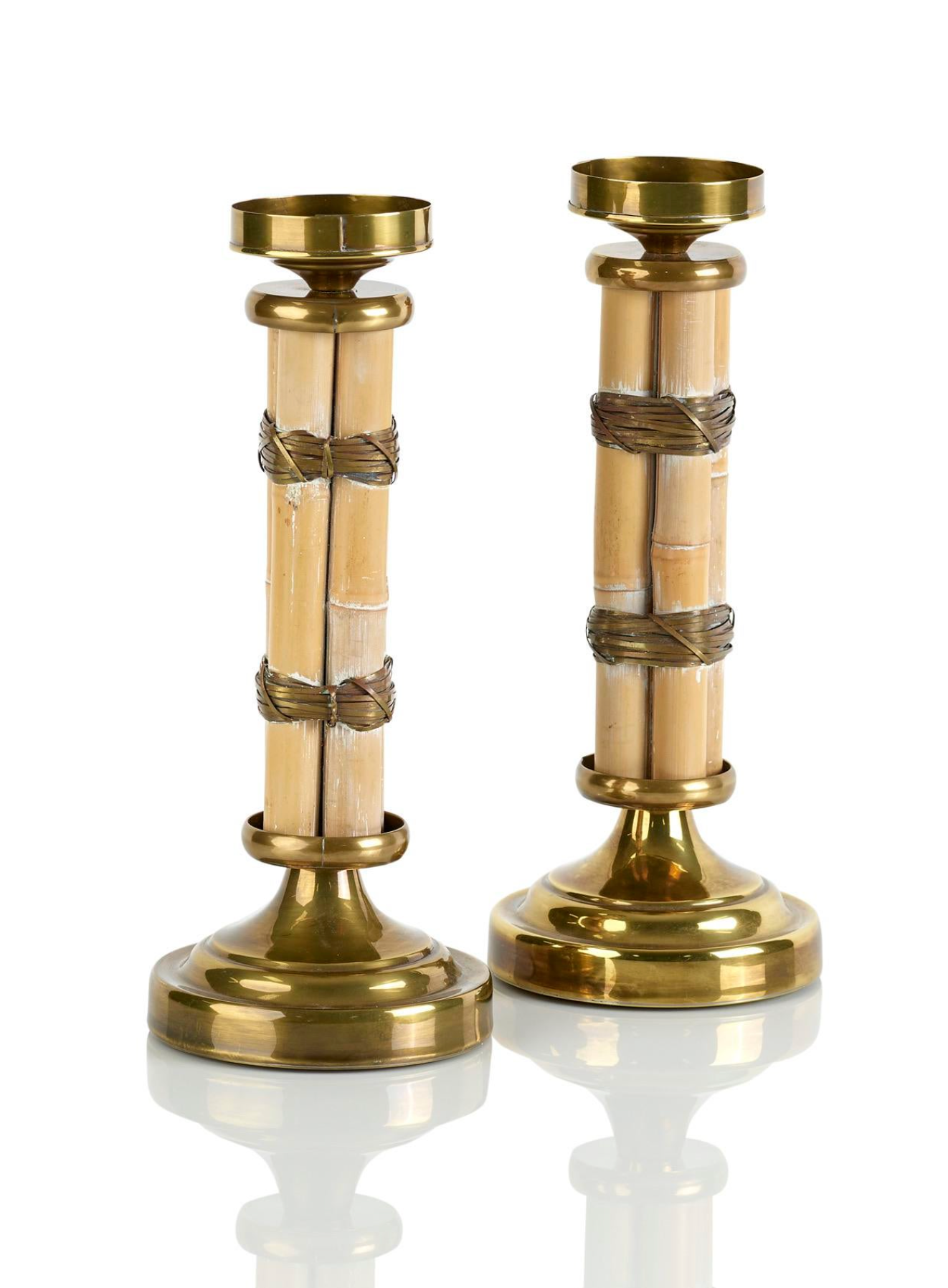 A Pair, Vintage Bamboo & Brass Candle Holders