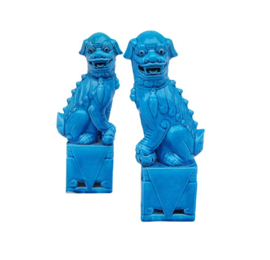 A Pair, Turquoise Porcelain Foo Dog Sculptures